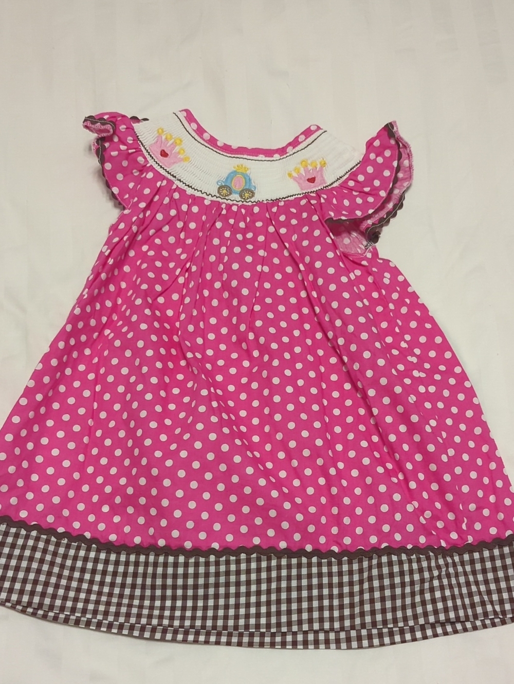 Smocked Lil Cactus Pink Polka Dot Girls Dress with Embroidered Crowns